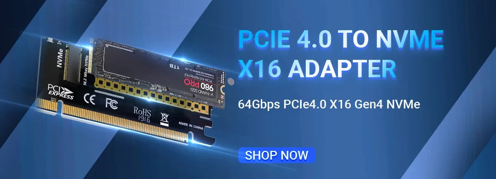 JEYI PCIe to NVMe Adapter With Aluminum SSD Heatsink Cooler, 64Gbps M.2 ssd PCIe 4.0 X4 X8 X16 Expansion Card for Desktop
