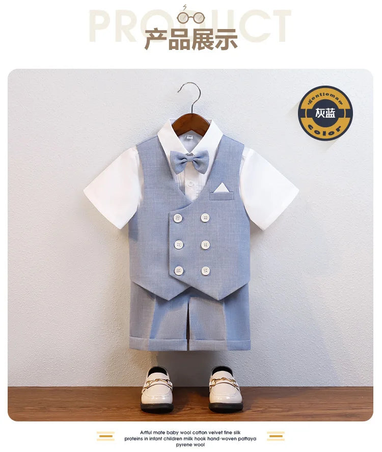 JUCPKID Kids Boys Summer Vest Shorts Suit Formal Elegant Children Boys Wedding Suit Junior Boys Blue Gray Short-sleeved Vest Set
