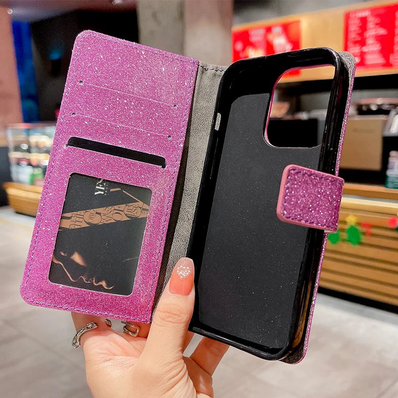 Flash Drill Small Flower Wallet Luxury Glitter Case For iPhone 17 ProMax Air 16 E Pro 15 14 Plus 13 12 Mini 11 Pro Max Cover