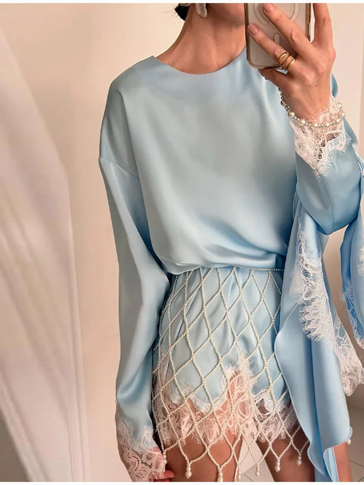 Elegant Modest Blouse Designers Satin Lace Retro Women Tops Spring Romantic Casual Chic Fashionable Streetwear