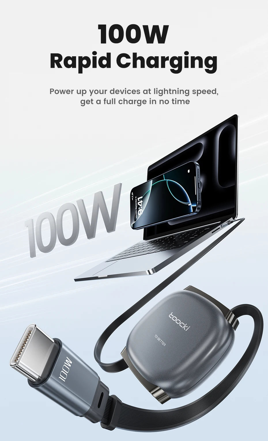 Toocki PD100W USB-C Cable Magnetic Slot Design 7 Adjustable Length 1M Retractable USB C to Type C Cable for iPhone 16 15 AirPods