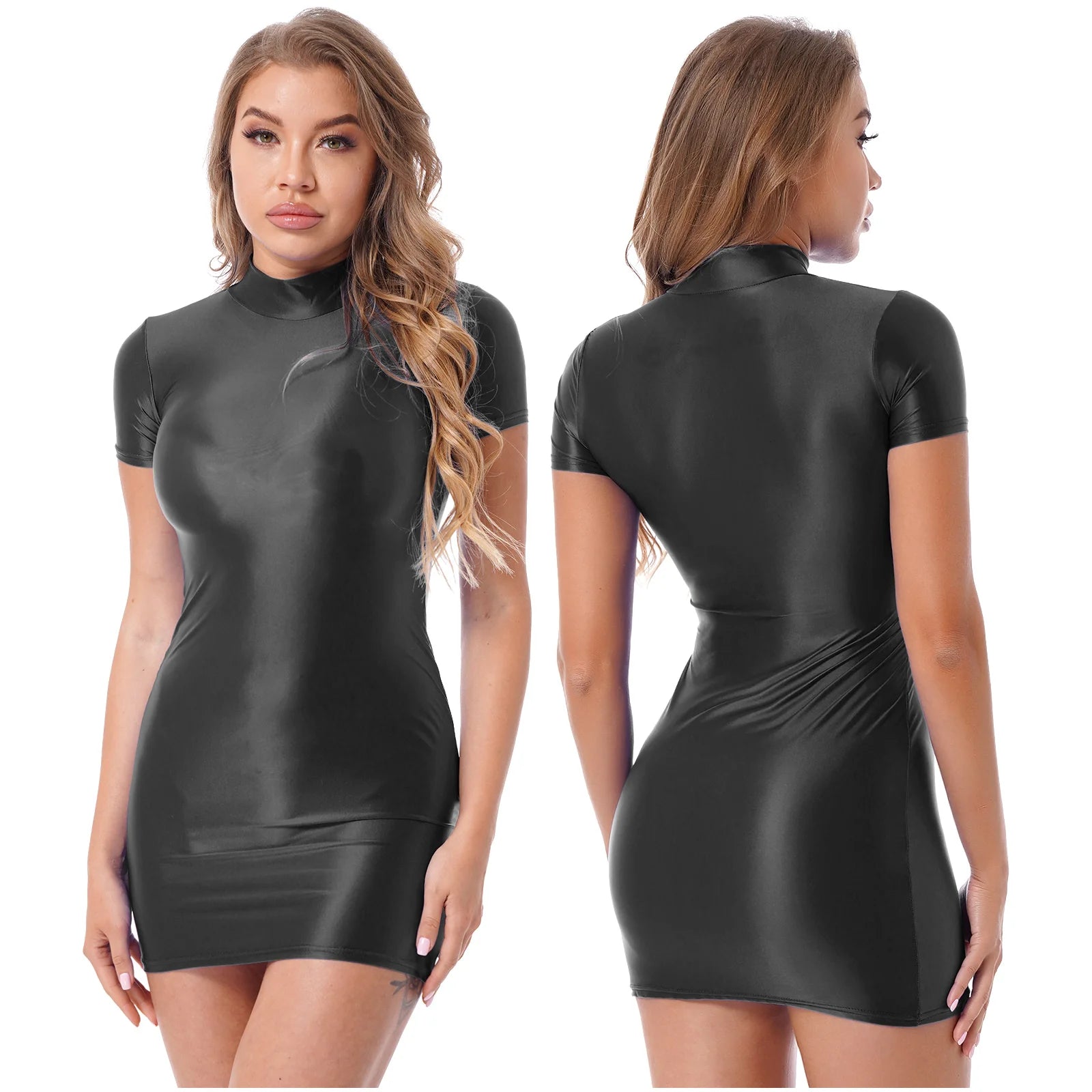 Women's  Solid Color Smooth Stretchy Mock Neck Tight Party Dresses Female Dresses Glossy Long Sleeve Bodycon Dress Nightwear
