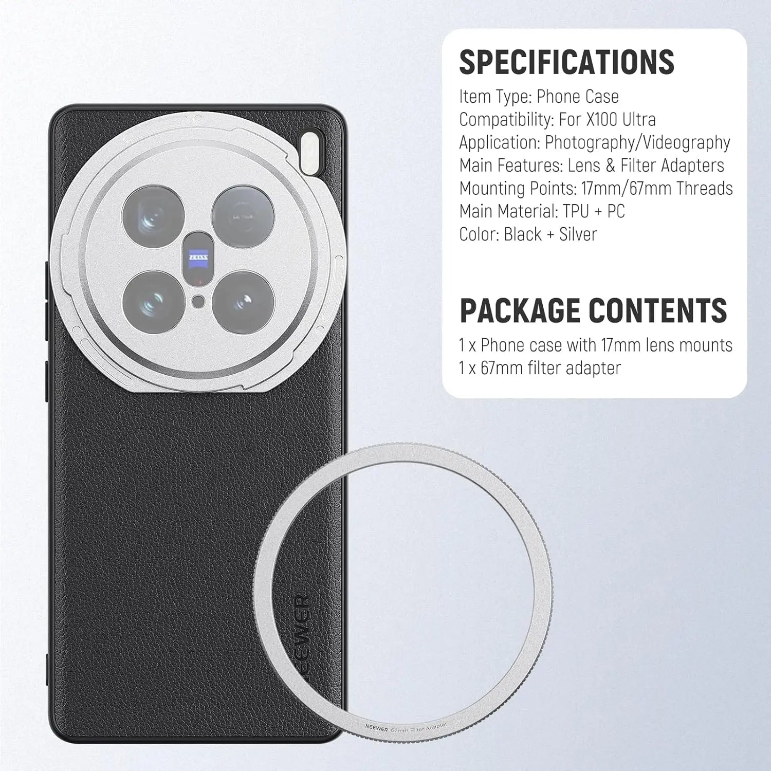 NEEWER Protective Phone Case For VIVO X200 Pro/ULTRA/X100 ULTRA Heavy Duty TPU + PC Faux Leather with 17mm Lens Mounts