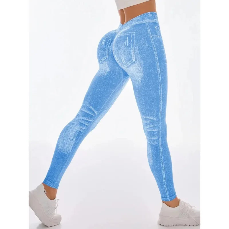 Women's Gym Printed Yoga Tight Pants Seamless High Waisted Denim-like Perforated Fake Pocket Tight Pants Yoga Fitness Leggings