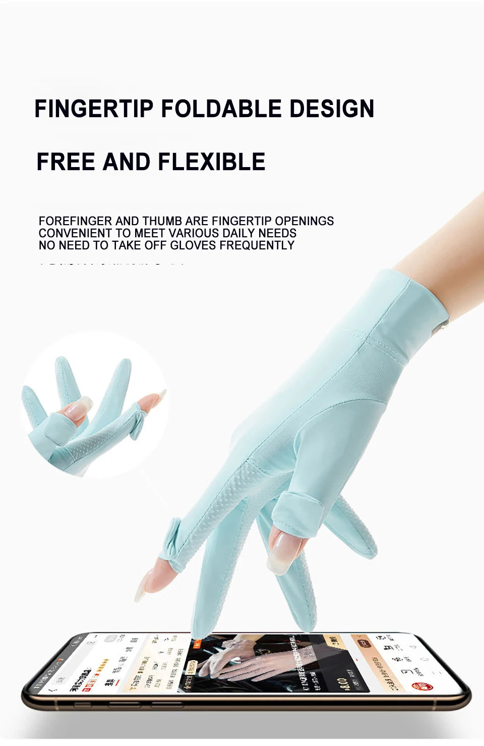 KoKossi Summer Sunscreen Gloves Breathable Anti UV Touch Screen Ice Silk Finger Flipping Gloves Riding Driving Gloves Woman