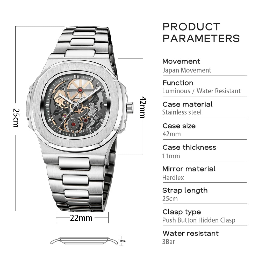 Power Reserve Mechanical Men Wristwatch Skeleton Stainless Steel Powerful Automatic Watches Square Waterproof Hand Clock Gift