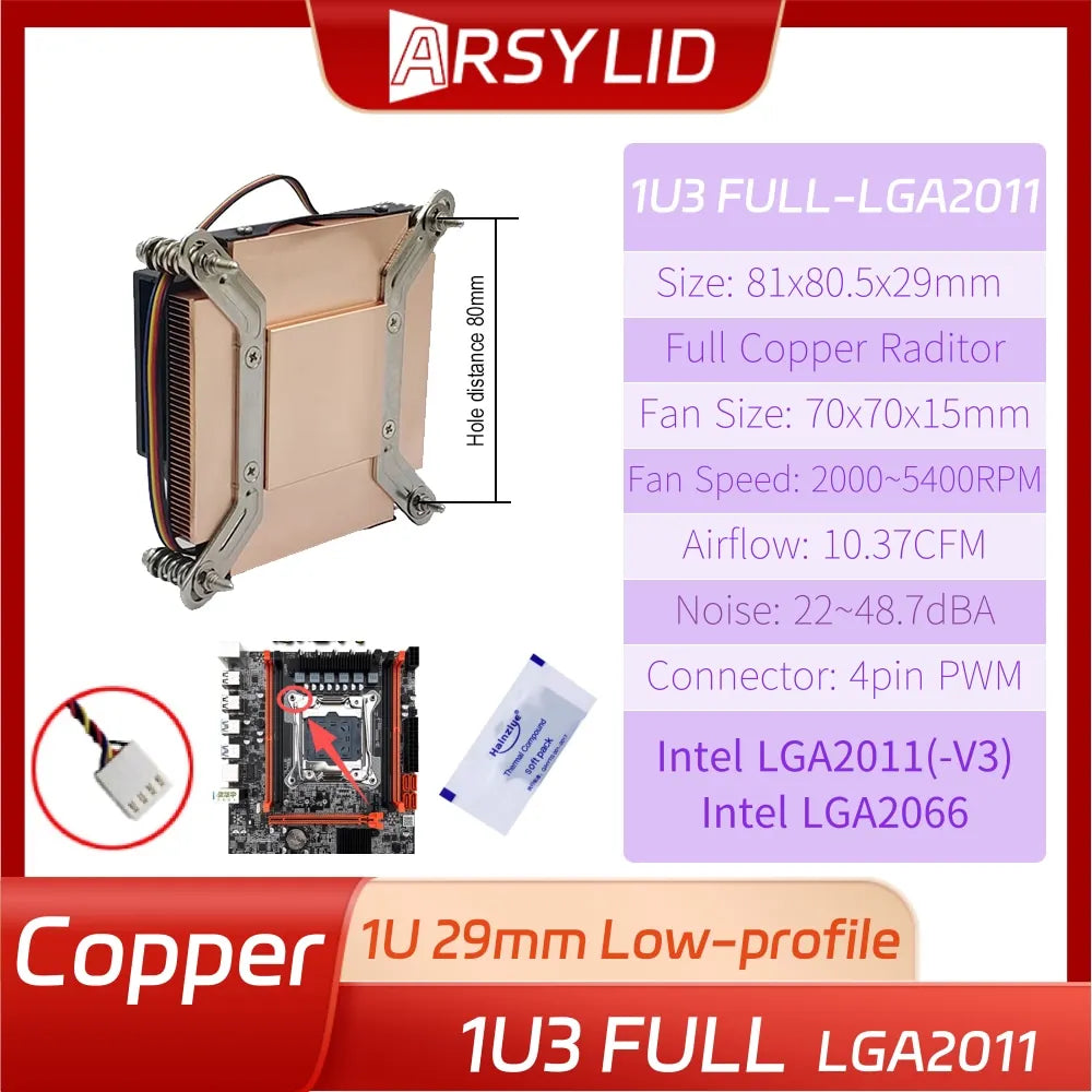 Full Pure Copper 1U Server Radiator 29mm Height Double Ball Turbo Cooling Fan LGA1700 2011 1200 115x AM4 AM5