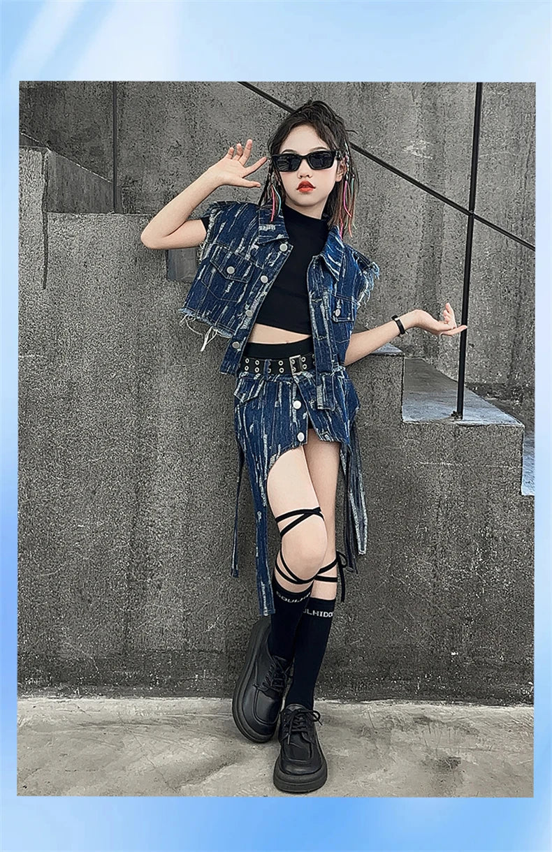 junior Girls Street Jazz Dance Set short denim vest jacket+Irregular skirt black top shorts belt teen girls clothes suit outfits