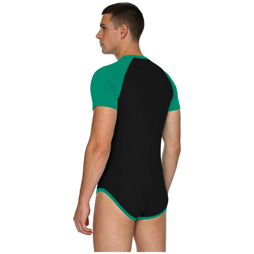 Men Workout Fitness Gym Sport Bodysuit Short Sleeve Openable Crotch Patchwork Jumpsuit for Workout Gym Sports Swimming Outfits