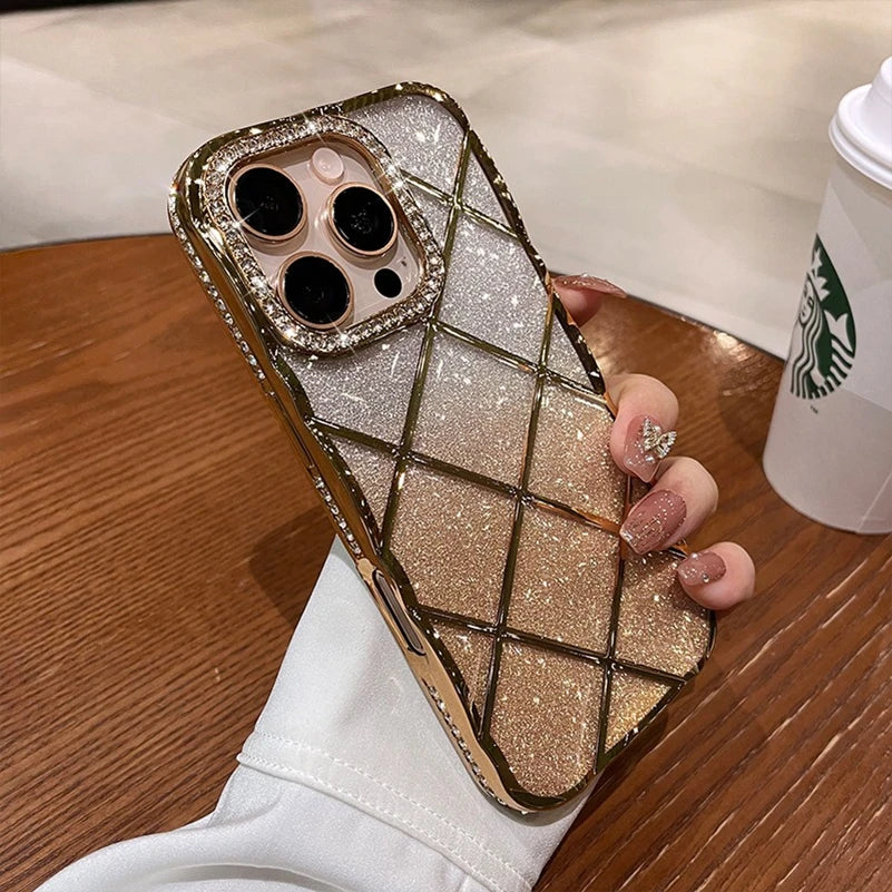 Luxury Diamond Case for iPhone 16Pro 15Pro Max Rhombus Transparent Plating Soft Silicone Cover for iPhone 15 16 13 12 14 Pro Max