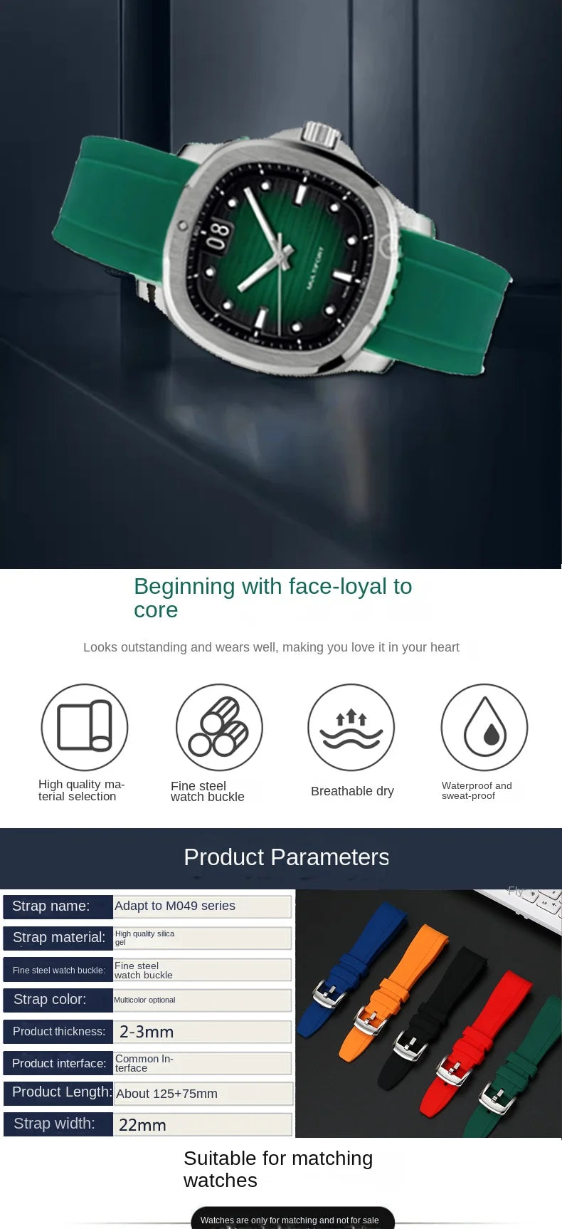 22mm curved rubber watch strap for Mido New Multiport TV Series M049.526 Watch Band Men's Soft Waterproof Wristband Bracelet