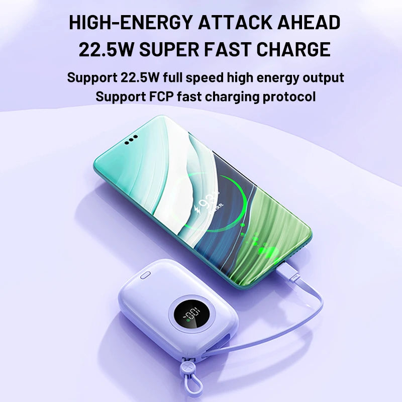 PD22.5W power bank, bidirectional fast charging with 10000mAh cable, large capacity mobile power bank mini ultra-thin power bank