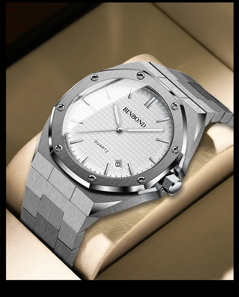 BINBOND 0233 Luxury Fashion Men's Quartz Watch Stainless Steel Large Dial Waterproof Night Light Men's Watch Clock