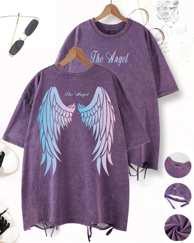 Gradient Wings Design Washed Holes T-Shirt Men Sport Cool Short Sleeve Breathable Cotton O-Neck Top Casual Unisex Loose Clothes