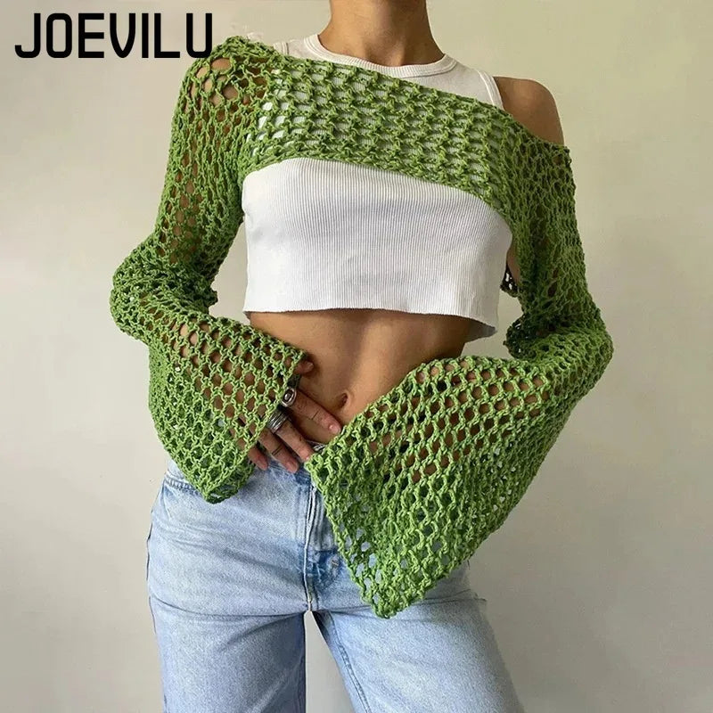 JOEVILU Cropped Knit Top Oversized Slimming Mesh Sunscreen Cover-Up Women's Thin Long Sleeve Breathable Sun Protection Blouses