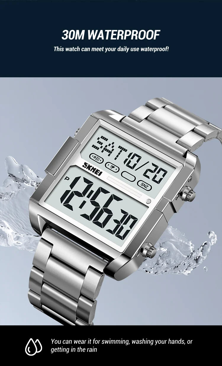 Skmei Luxury Brand Steel Strap Digital Watches for Mens Dual Time Zone Waterproof LED Chronograph Fashion Date Week Alarm Clock