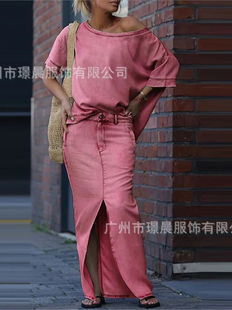 Denim Blue Fashion Split Skirt 2 Piece Set Casual Loose Off-the-shoulder Top + Slim Elegant Pencil Skirt Two-piece Set Women's