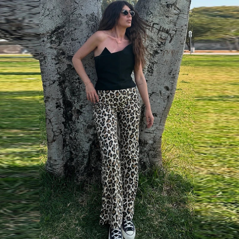 HXAO Leopard Flared Pants Women's Pants Summer 2025 Lady Fashion Vintage Animal Print High Waist Pants Chic Office Wear Trousers