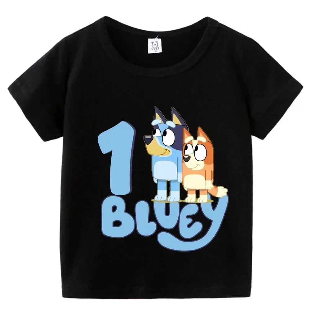 Blueys Baby Birthday T Shirt for Boys Girl Bingo Number Kids Clothes Summer Cartoon Letter Tees Shirts Toddler Short Sleeve Tops