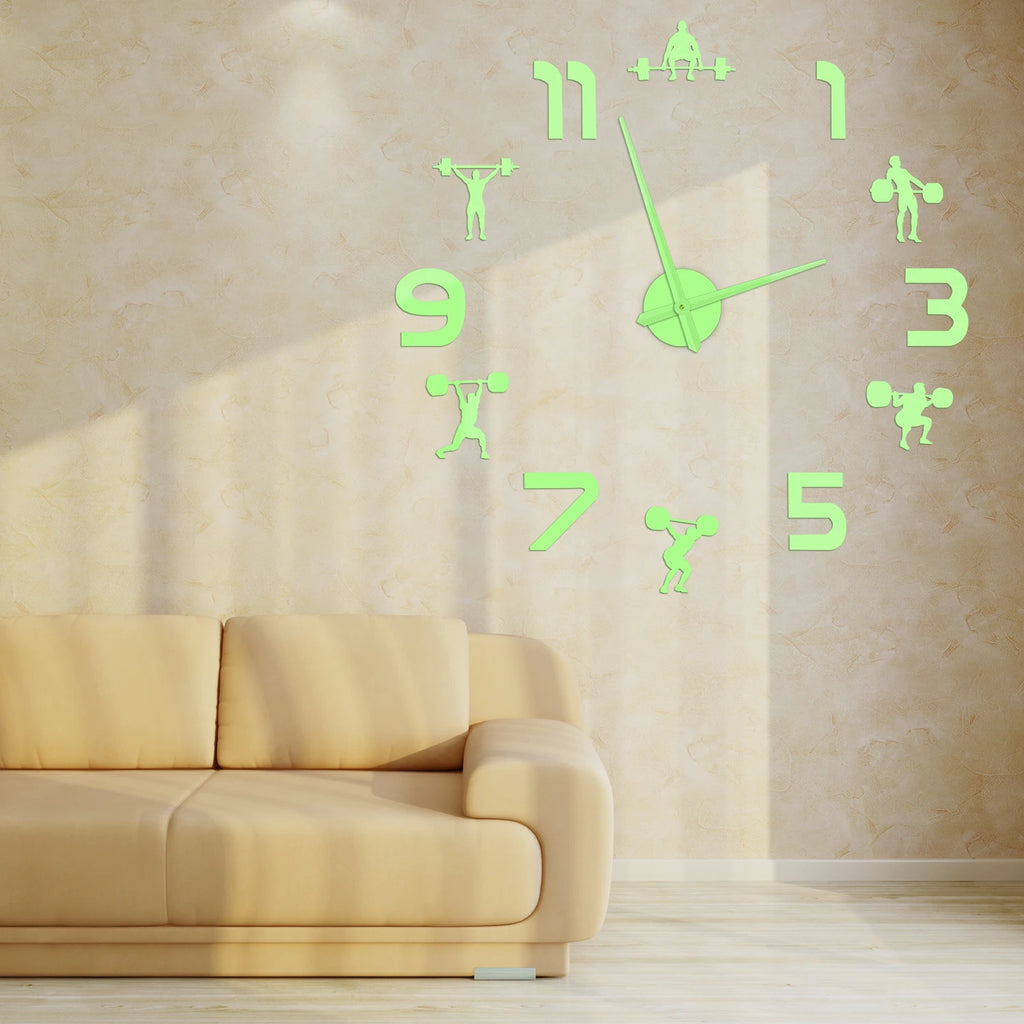 Weightlifting Fitness Room Wall Decor DIY Giant Wall Clock Mirror Effect Powerlifting Frameless Large Wall Clock GYM Wall Watch