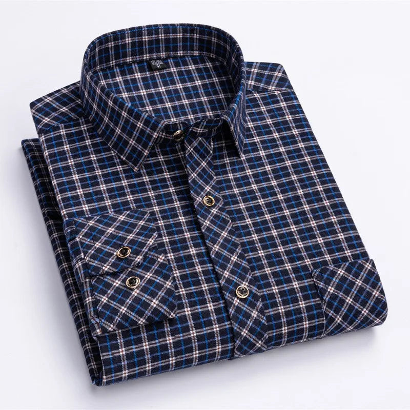 New Cotton Flannel Plaid Shirt For Men's Long Sleeve Regular-fit Brushed Single Pocket Soft Comfortable Casual Fashion Shirts