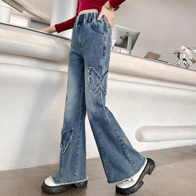 New Junior Girls Denim Pants Ins Bow Patchwork Children Girls Flared Pant Loose Elastic Waist Casual 4-14Y School Girls Trousers