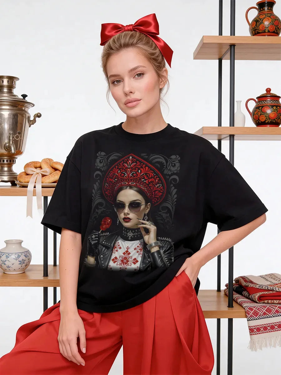 "Russian Girl" Graphic Oversized T-Shirt Modern Folk Art Print Soft Cotton Casual Tee Fashion Streetwear High Quality Summer Top