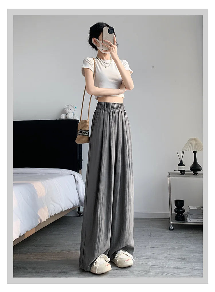 BIVIGAOS Lazy Style Loose Wide Leg Pants Women Summer Coloured Thin Casual Tide Straight Ice Silk Japanese Sunscreen Pants