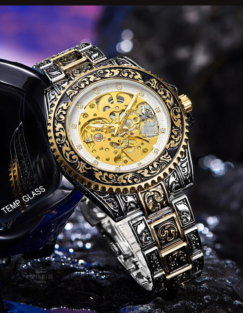 UTHAI M11 New Men watch hollowed out retro carved automatic mechanical watch cool clock gift，watches for man