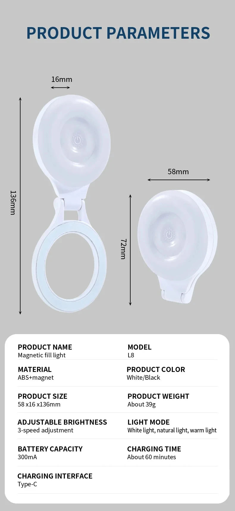 Portable Magnetic Mobile Phone Selfie Fill Light, Rechargeable Phone Selfie Light for Selfies/Photography/TikTok/live streaming