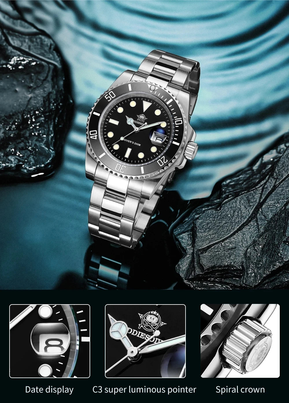 ADDIESDIVE 41mm Men's Diver Quartz Watch Domed Glass Ceramic Bezel Wristwatch Waterproof 200m Super Luminous Stainless Watches
