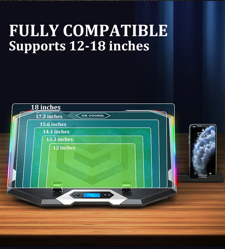 ICE COOREL Gaming RGB Laptop Cooler 12-18 Inch Led Screen Laptop Cooling Pad 3500 RPM 8 fans 2 USB Ports Notebook Cooler Stand