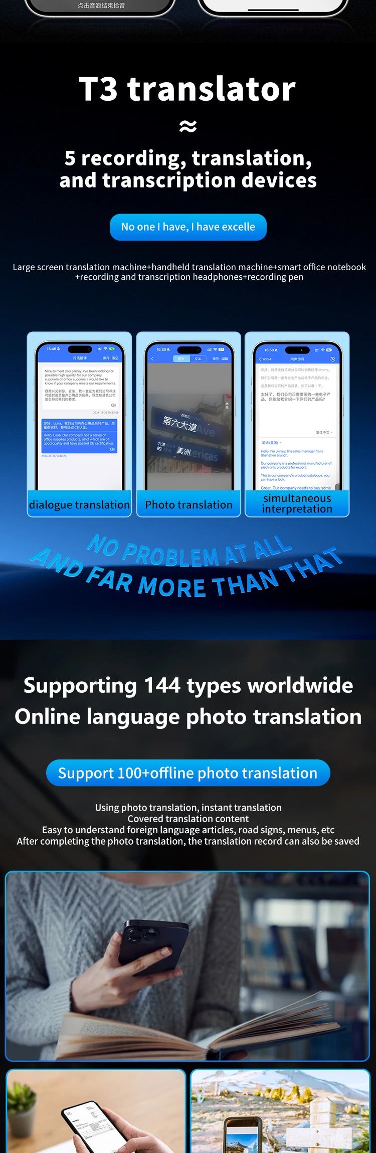 T3 Translator 140 Language Translation Device, AI Two-way Real-time Voice Instant Translation, Can Be Used for Business Travel