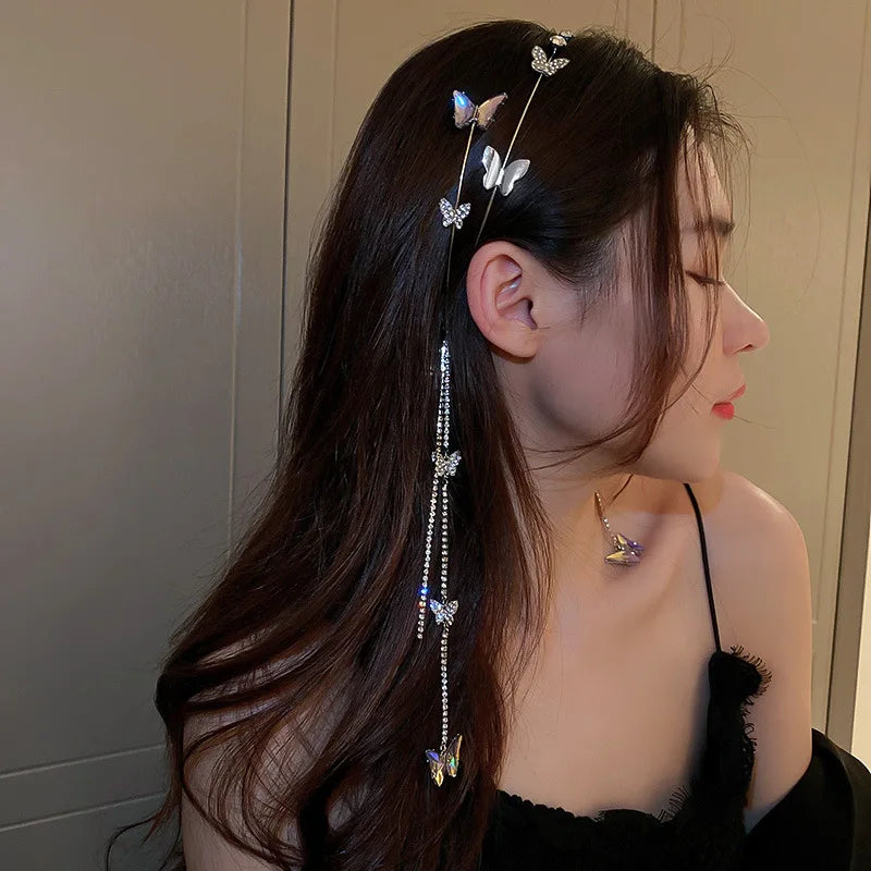 DREJEW Butterfly Hairbands for Women Rhinestone Crystal Long Tassel Chain Headband Simulated Pearl Headwear Hair Accessories