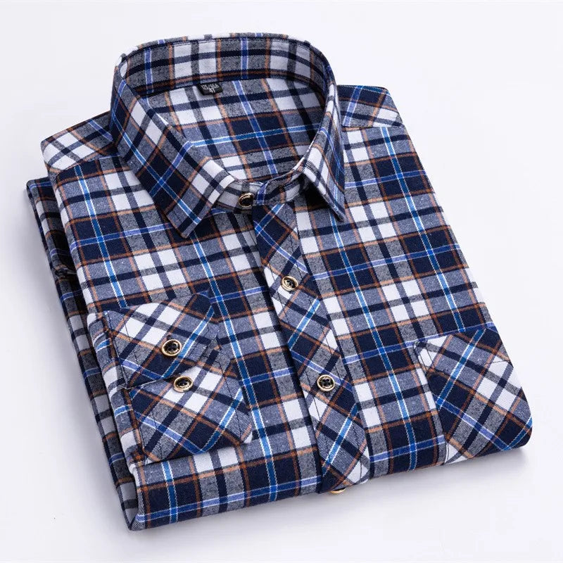 New Cotton Flannel Plaid Shirt For Men's Long Sleeve Regular-fit Brushed Single Pocket Soft Comfortable Casual Fashion Shirts