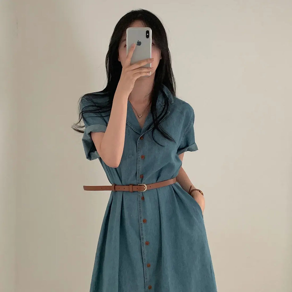 Slimming Chic Retro Chic Long Dr with Belt High Waist A-Line Skirt ort Sve Korean Sle Commute Dr Denim Dr
