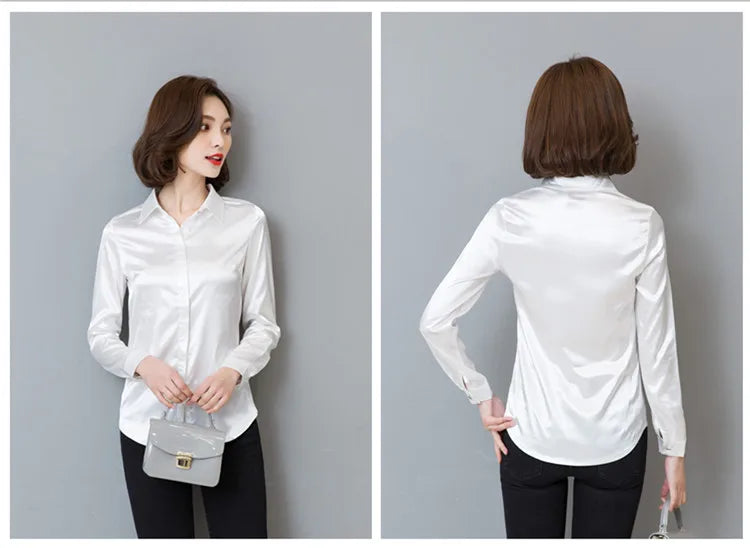 Women silk satin blouse button long sleeve lapel ladies office work elegant female silk blouses shirts