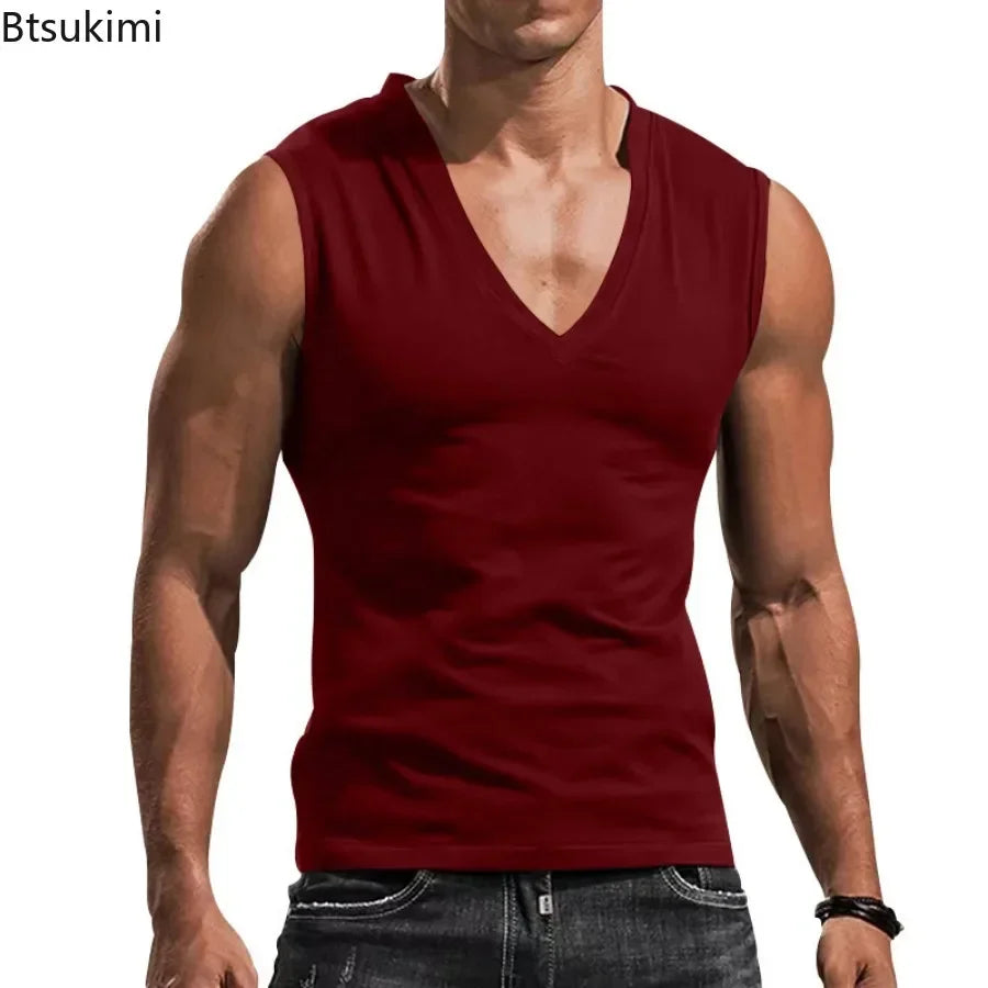 New 2026 Men's Summer Vest Fashion V-Neck Solid Cotton Sleeveless Pullovers Casual Fitness Tees Sports Running Tank Tops for Men