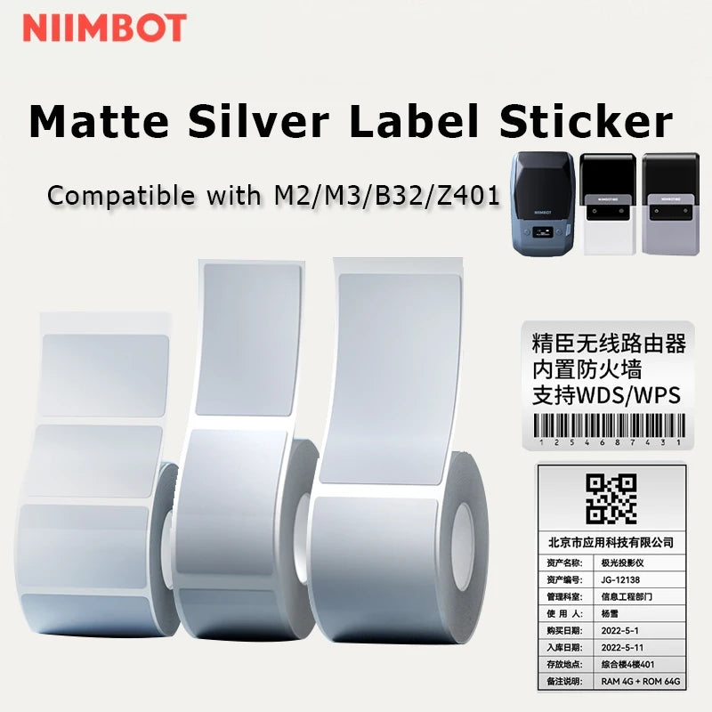 NIIMBOT M2/M3/B32/Z401 Matte-Silver Label Paper Roll Outdoor Waterproof Scratch-resistant Adhesive Sticker Tag