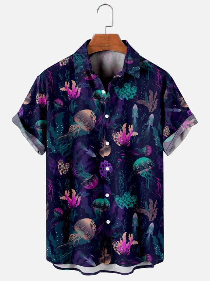 Fashion Men's Casual Sea Life Graphic Short Sleeve Shirt Button Down Lapel Shirts Oversized Tops Casual Hawaiian Shirt for Man