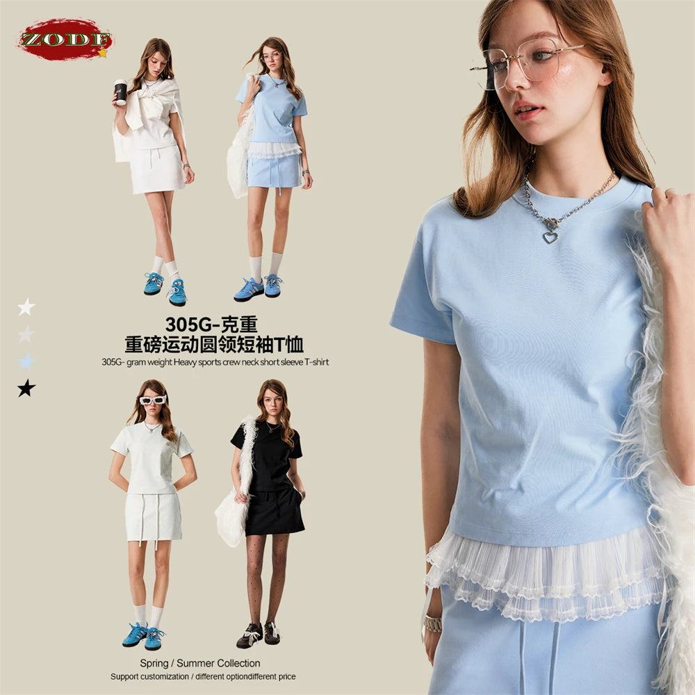 ZODF Women 2025 Spring 305gsm Cotton T-Shirts American Retro Hotsweet Girl Solid Comfortable T Shirt Brand Tees HY0968