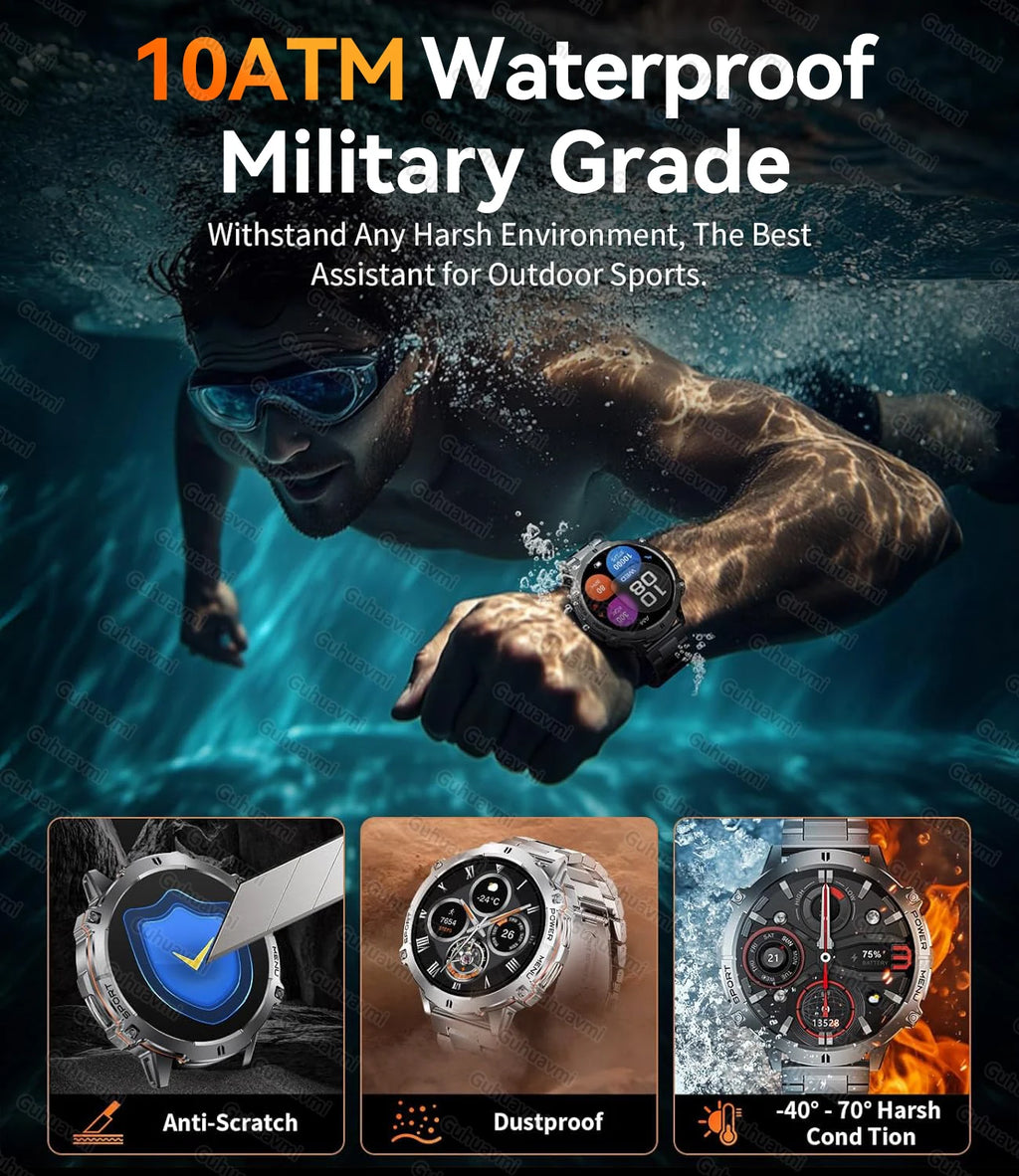 New Outdoor Military Smart Watch Men 1.73" AMOLED IP69K 10ATM Waterproof Compass 1000mAh Super Large Battery HD Call Watches Men