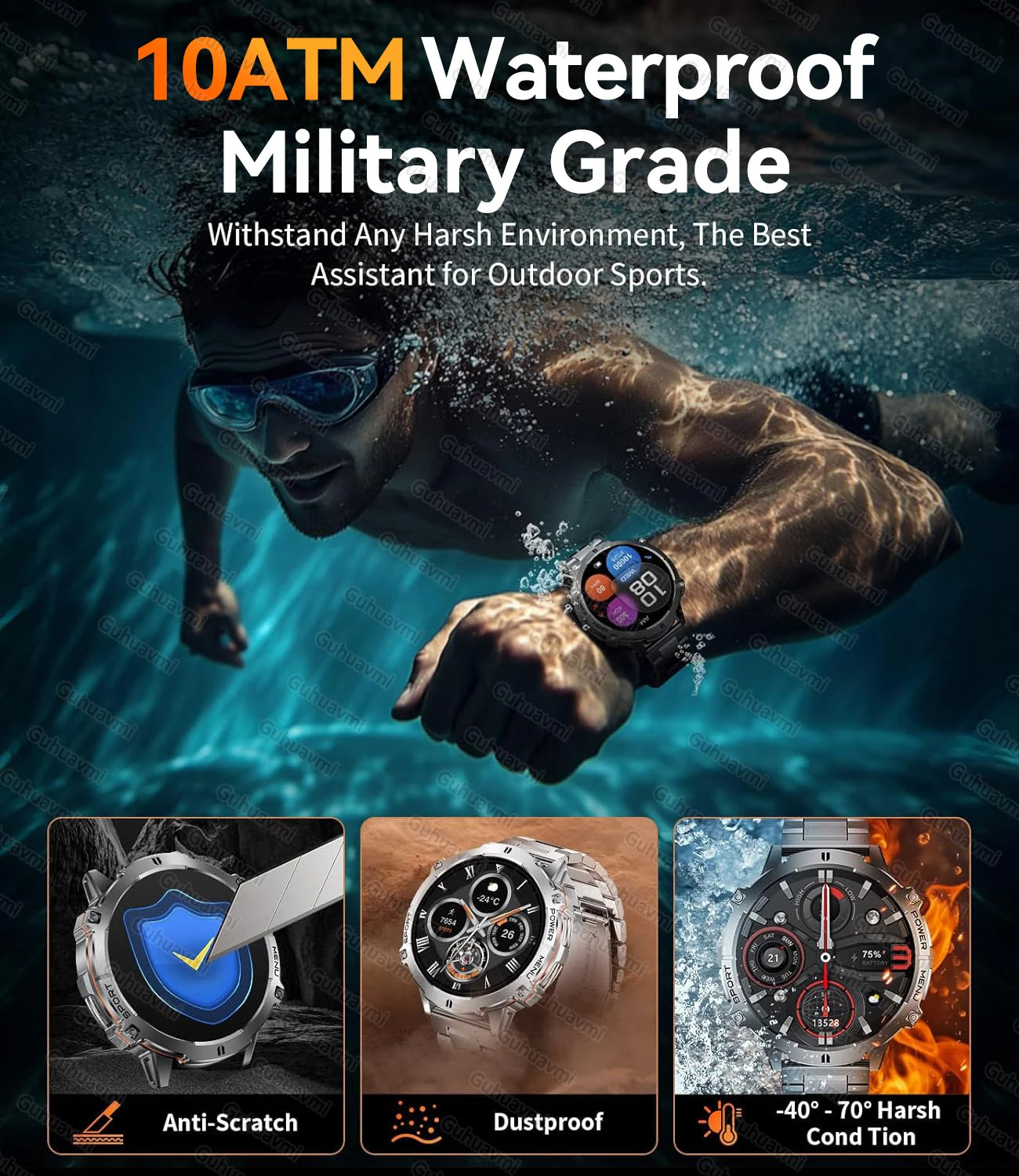 New Outdoor Military Smart Watch Men 1.73" AMOLED IP69K 10ATM Waterproof Compass 1000mAh Super Large Battery HD Call Watches Men