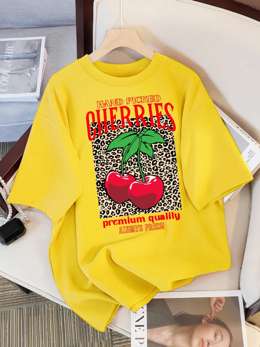Hand Picked Cherries Always Fresh Printing T-Shirt Women Cotton Crewneck T Shirts Summer Loose Clothes Multicolor Short Sleeve