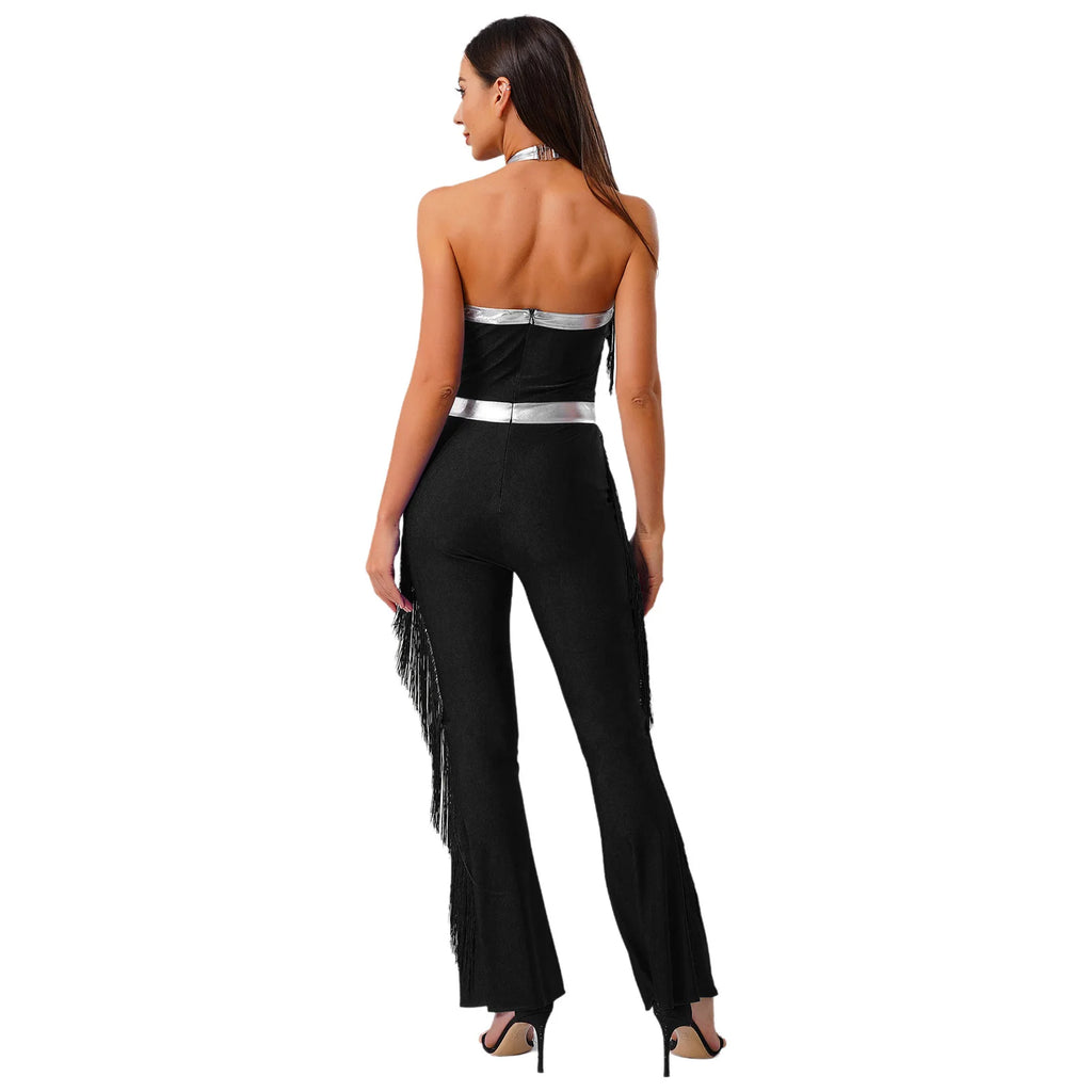 Womens 70s Disco Party Jumpsuit Halter Shiny Sequins Tassel Flared Pants Latin Jazz Dance Rompers Rave Festival Prom Clubwear