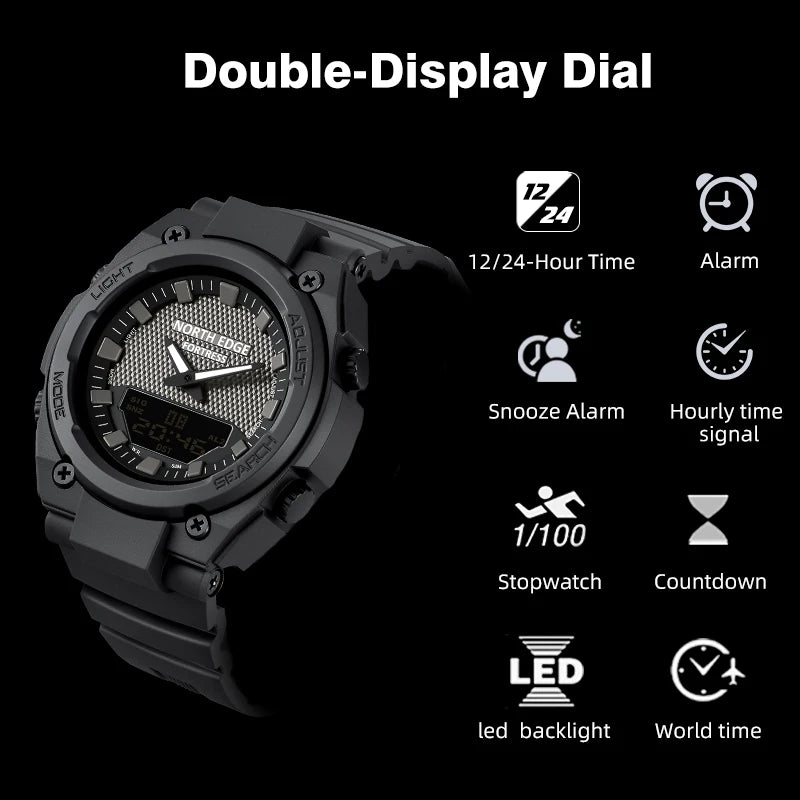 NORTH EDGE FORTRESS Men's Sports Watches Stopwatch Men's Digital Watches World Time Wristwatch relógios masculino Waterproof 50M