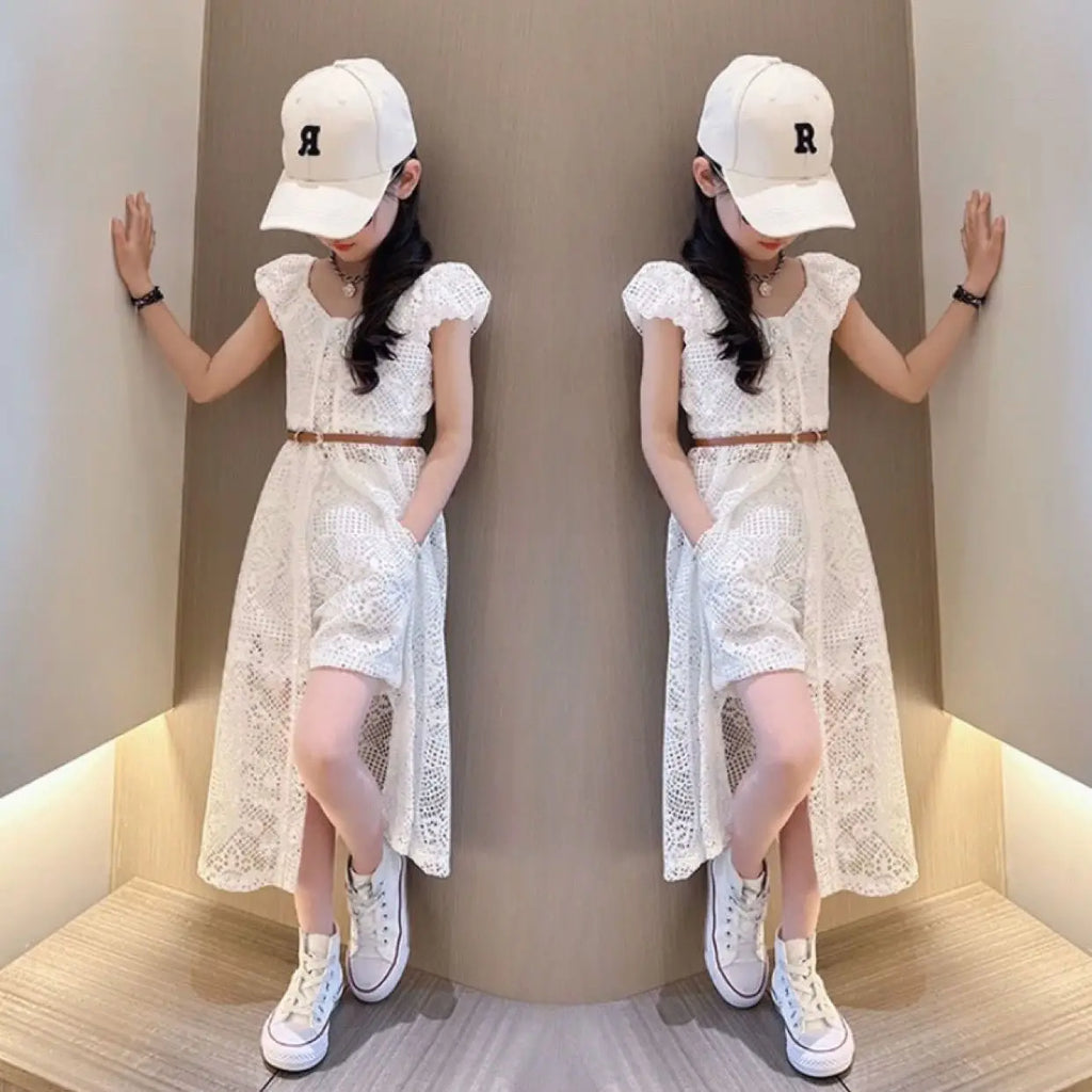 Girls' Set 2025 New Summer Korean  Lace Hollow Set Elegant Medium sized Children's Dress
