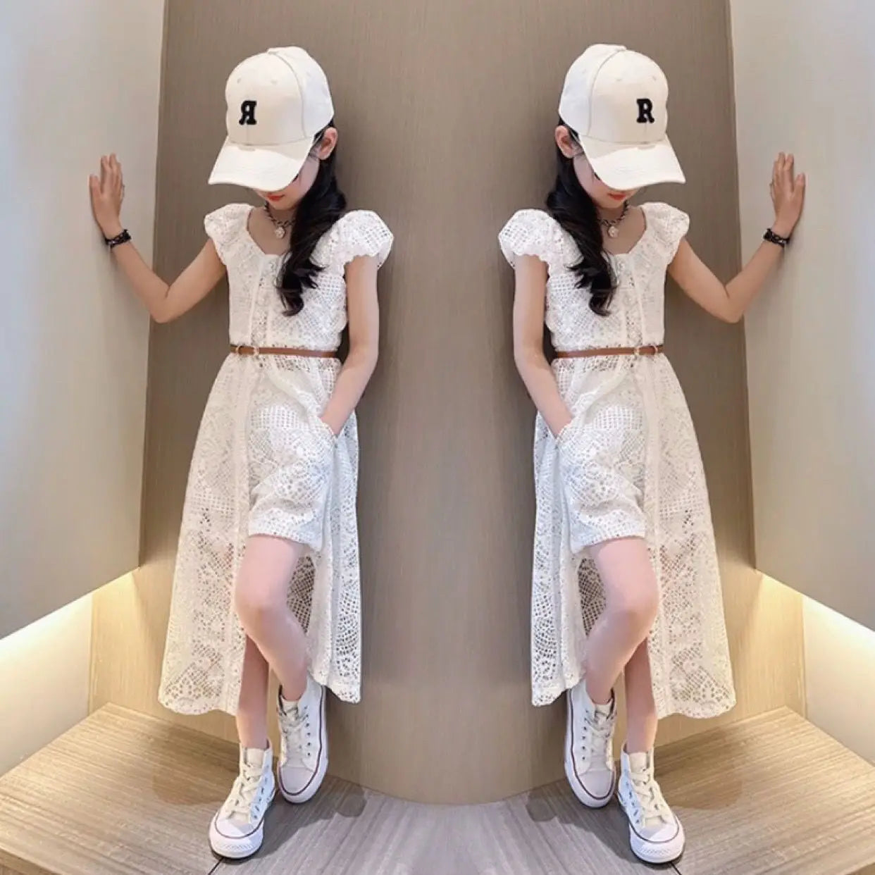 Girls' Set 2025 New Summer Korean  Lace Hollow Set Elegant Medium sized Children's Dress