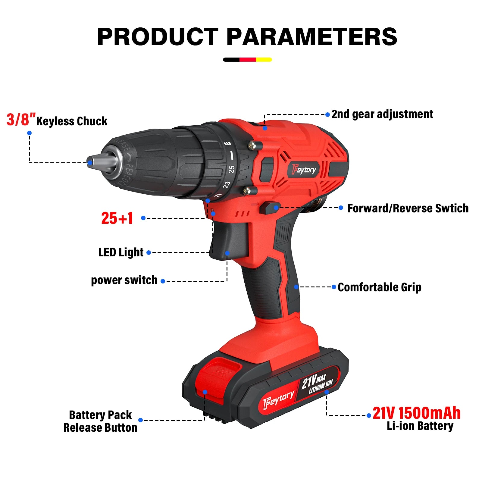 45Nm Cordless Drill with 2 X 1.5Ah Li-Ion Batteies and Charger, 140W, 25+1 Torque, 2 Speed, 2700RPM, 29 Accessories, Carry Case