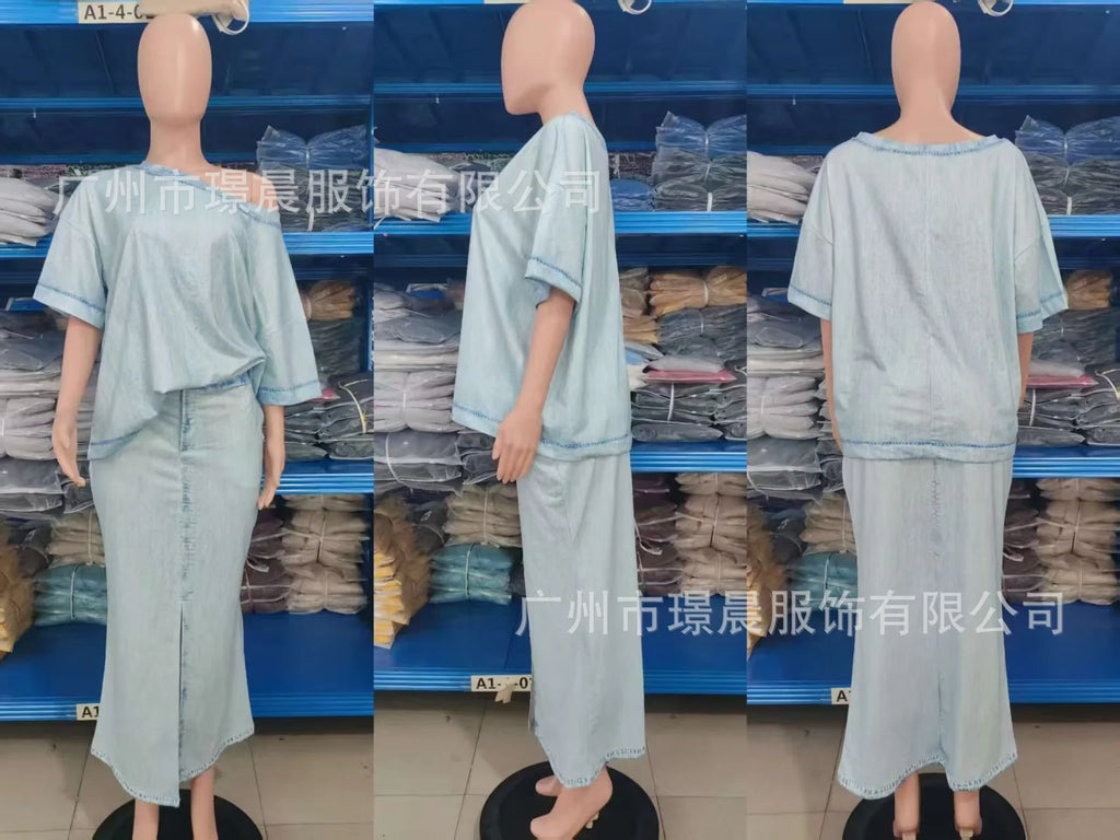 Denim Blue Fashion Split Skirt 2 Piece Set Casual Loose Off-the-shoulder Top + Slim Elegant Pencil Skirt Two-piece Set Women's